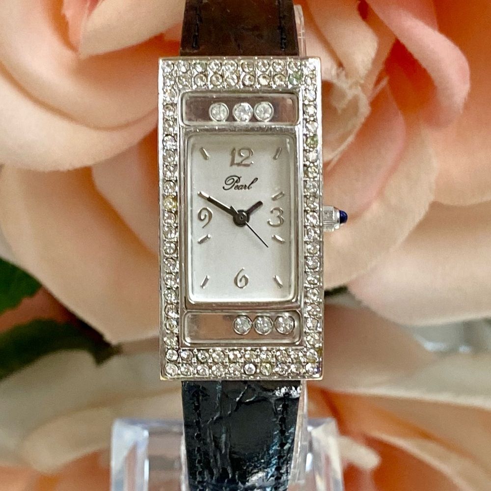 Pearl Rhinestone Embellished Art Deco Style Tank Watch with "Floating" Crystals